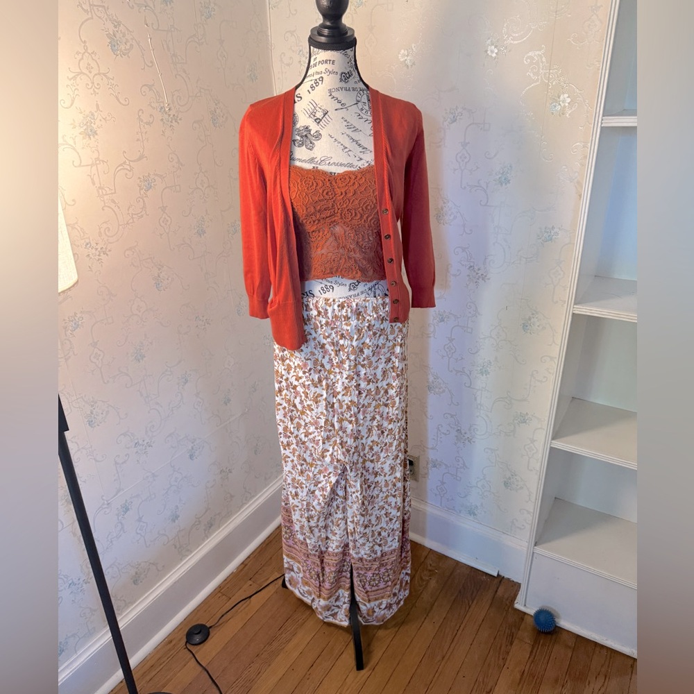 Orange Cardigan and Floral Wide Leg Pants Set
